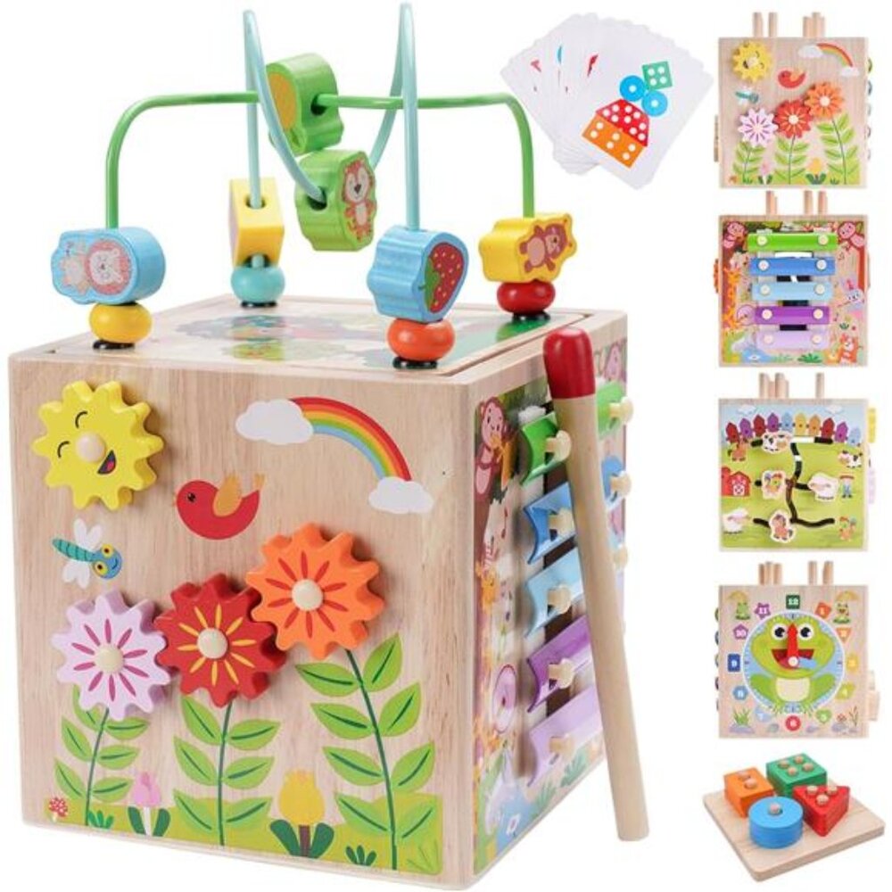 Wooden Activity Cube|Montessori Toys for 1 2 3 Year Old Toddlers Educational Toy